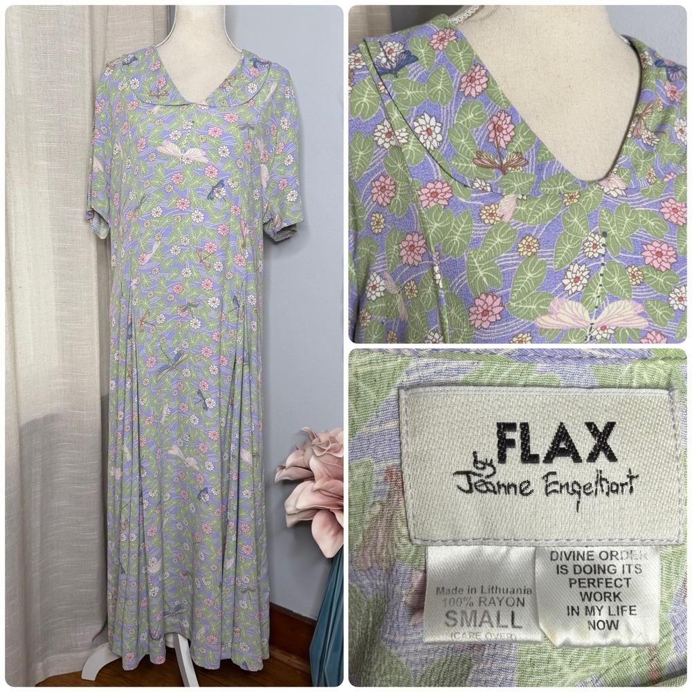 Vintage Flax Maxi Dress Dragonfly Floral Purple Peter Pan Collar Rayon Small